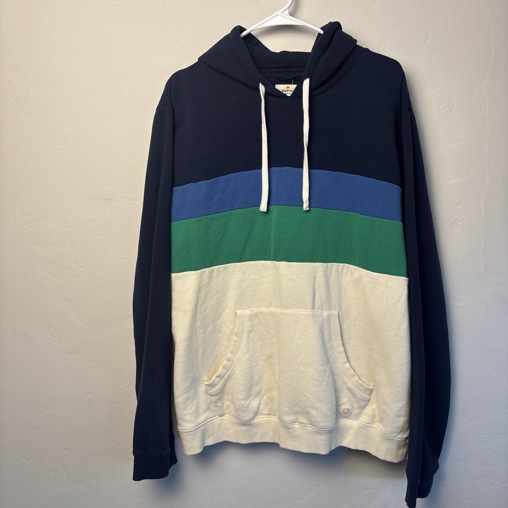 MARINE LAYER Hoodie Mens XL Jordan Colorblock Striped Pullover Sweatshirt Blue
